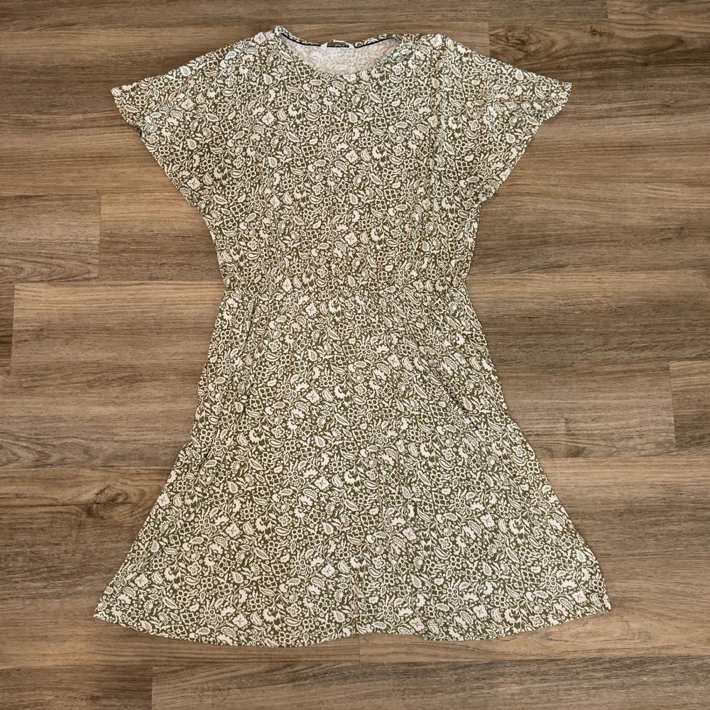 Boden Green White Floral Paisley Jersey Dress US 14L Elastic Waist D0113